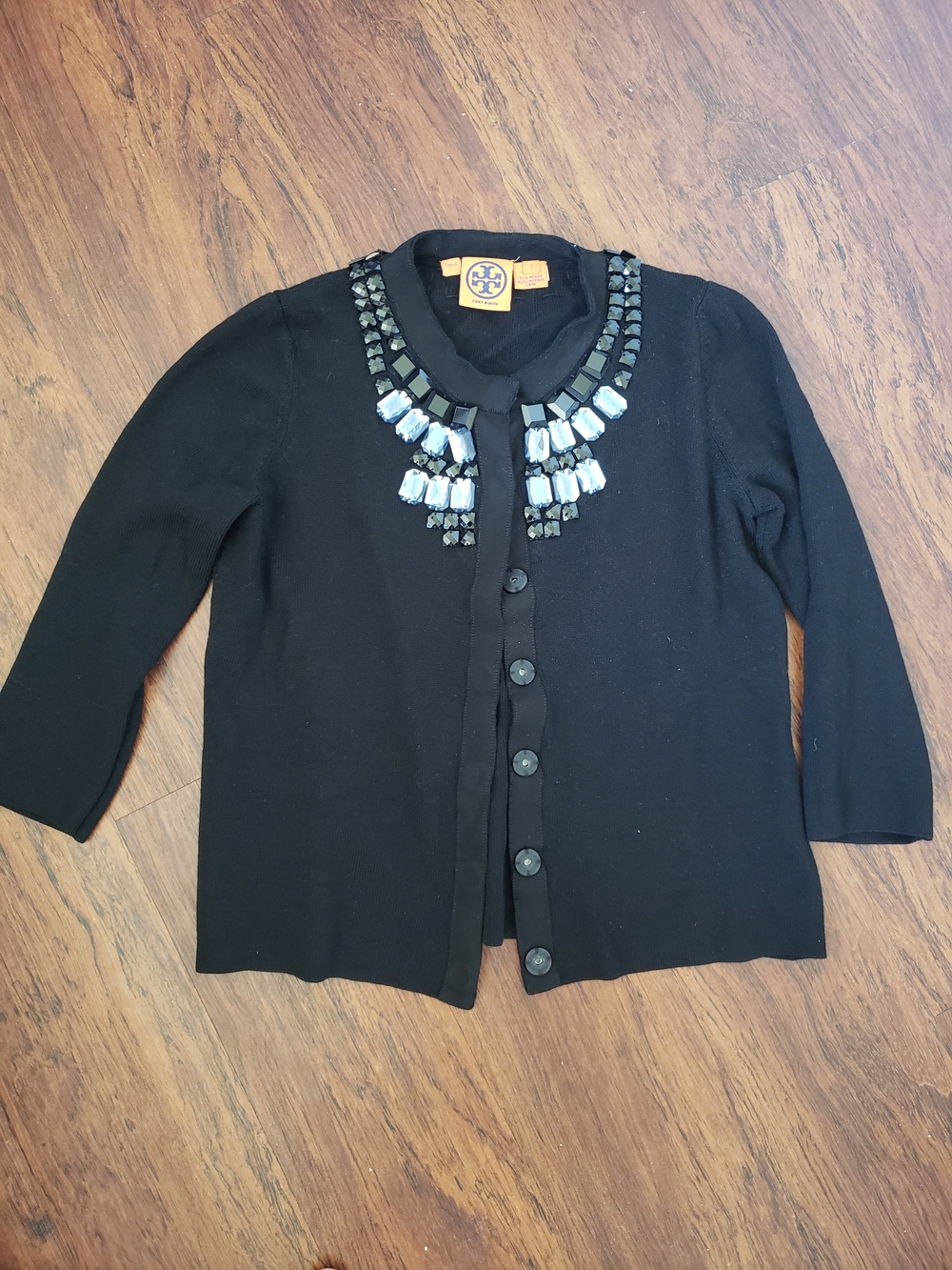 Tory Burch Black Jeweled Neck Wool Cardigan Size Small Preppy Workcore Quiet Lux